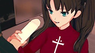 Rin Tohsaka gives a blowjob before taking a facial - Fate Stay Night Hentai