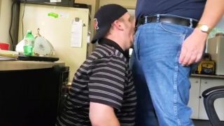 Daddy trucker dumps a quick load in Chubby Boy's mouth...