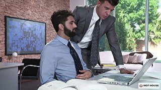 Gay business men pound each other's assholes at an office