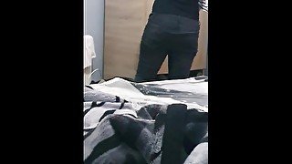 Step mom with tattoo get fucked through ripped jeans by step son