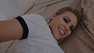 Sweet blonde filmed by her man while taking his hard cock