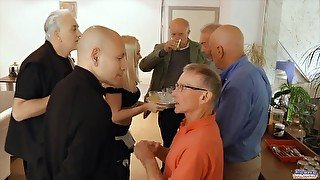 Sexy teen waitress is gangbanged by a group of grandpas at the office