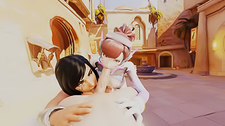 Overwatch D.va and Pharah threesome blowjob