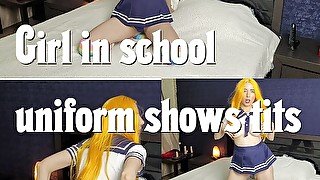 Girl in college uniform shows tits