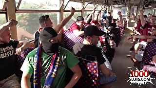 Exciting public porn: gangbang orgy on football fan bus