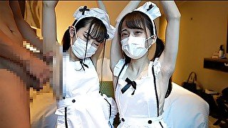 Japanese girls give a guy an armpijob and handjob in naked apron.