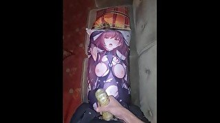 fucking my dakimakura in the public lobby, very risky