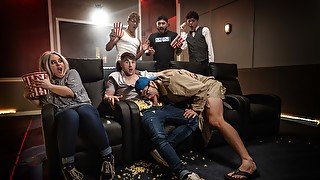 Dudes skip the movie to try threesome sex