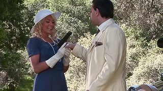 Erotic sex on a picnic with a blonde in a vintage dress