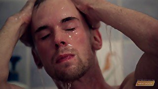 Blue eyed teen gay dude masturbates solo after taking a shower