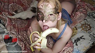 Deepthroat training. Hot blonde teen show deep dlowjob with banana. 1080FULL HD, 60FPS. JULANDJON.