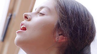Adorable lesbian brunettes being madly in love together