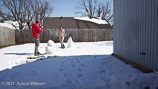 Outside making a snowman nude, behind the scenes