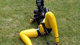 Masturbate With Inflatable Dildo In Latex Catsuit