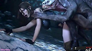 Tomb Raider fucking monster with video game woman