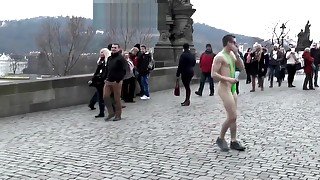 18 yo shaved YouTuber Wedry in Borat Mankini dance naked in Prague