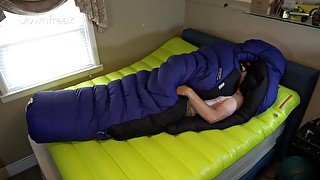 Down Jacket Fetish Lover Fucks Huge Down SleepingBag on air mattress. Cumshot On Nylon