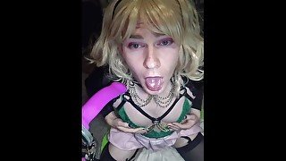 SalivatingSub Fucking Machine Deepthroat Practice in Green Bodysuit