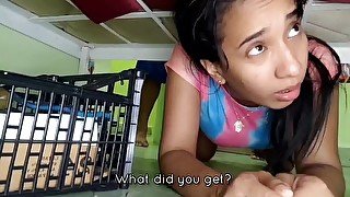 Stepsister gets stuck under the bed and her stepbrother fucks her while helping her out. ENGLISH SUB