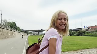 Blonde Veronica Leal gets talked into pleasing a cock outdoors