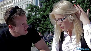 Nerdy blonde in glasses gets messy facial after sex with stranger guy