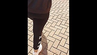 Step mom pull out leggings showing ass in public place and fuck step son