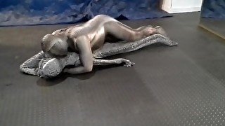 crocodile zentai struggles against snake zentai