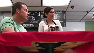 Lovely is nailed in missionary pose on the empty cafe table