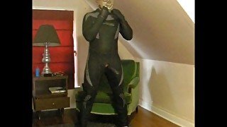 wetsuited lucha libre with skeleton and pantyhose stocking mask