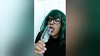 Drinking my Cum from a Glass Jerking and Swallow