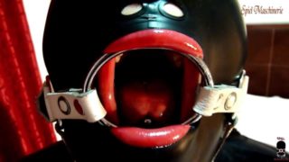 INTRO-Black latex slut with ring gag deepthroated cock, dildo & fucked hard