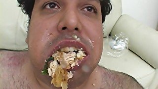 Dirty fat dude eats a cake and gets dick sucked by Jessica Jammer