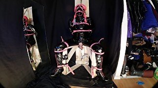 Strapped To Fucking Machine Chair In Pvc Catsuit Gagged In Chastity