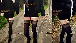 Girl with long legs, walking sexy down the street in public. Whore Wife exhibitionist in stockings