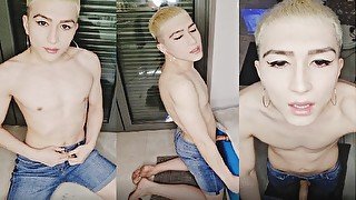 Femboy in jeans shorts and dirty feet fucks transparent fleshlight