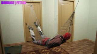 Encasement fishnet bondage in sneakers and loose socks