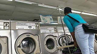 Laundromat Creep Shots 2 sluts with round asses and no bra