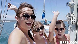 Dirty minded babes are having tons of fun on a yacht, and sucking their best friends cock