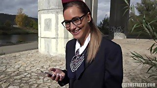 Leggy flight attendant gets fucked outdoor in POV