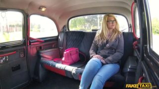 Curvy blonde woman gets slammed in the back of a taxi