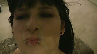 Pierced brunette girlie gets rid of glasses and gets hot facial cumshot