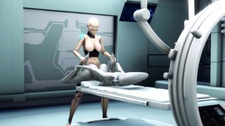 Female android plays with an alien in the lab