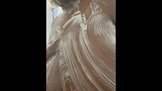 BBW takes hot soapy shower and plays with massive titties