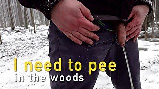 Peeing in the woods during snowfall