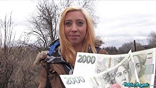 Amateur blonde girl takes money to get fucked in the public place