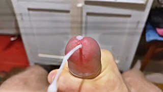 Cumming in close-up with a massive portion of cum in slow motion / Big Uncut Veiny Cock / Pissing