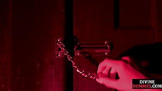 Whipping BDSM bitch in black lingerie rides sub cock