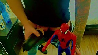 Spider-Man watching jerk off to hot lesbian’s scissoring loud video 