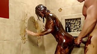 My girlfriend loves chocolate syrup and she loves fucking in the shower