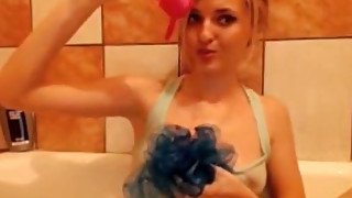 Fair haired horny sweetie with yummy ass presents stout solo in bathroom